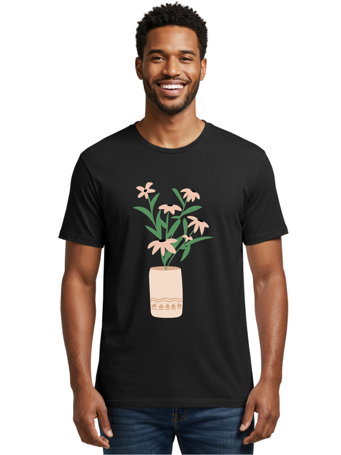 Flowers-In-Vase-1 Men'S Graphic Tee, 100% Cotton, Comfortable Casual Summer Wear, Machine Washable, Pink Flowers In Vase, Floral Arrangement, Simple Design, Minimalist Style, Elegant Decor, Home Decor, Flower Bouquet, Daisy-Like Flowers Aae020
