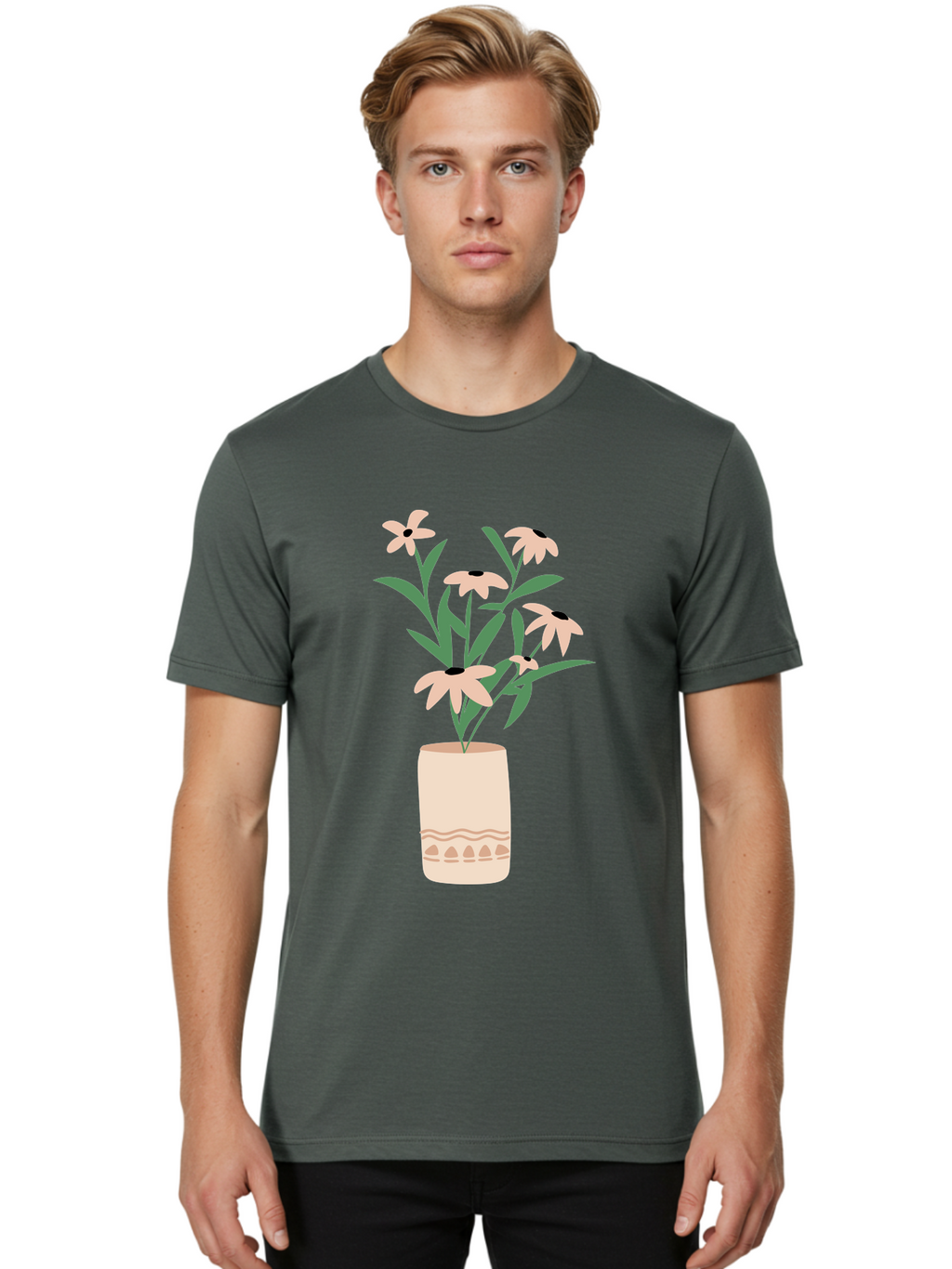 Flowers-In-Vase-1 Men'S Graphic Tee, 100% Cotton, Comfortable Casual Summer Wear, Machine Washable, Pink Flowers In Vase, Floral Arrangement, Simple Design, Minimalist Style, Elegant Decor, Home Decor, Flower Bouquet, Daisy-Like Flowers Aae020
