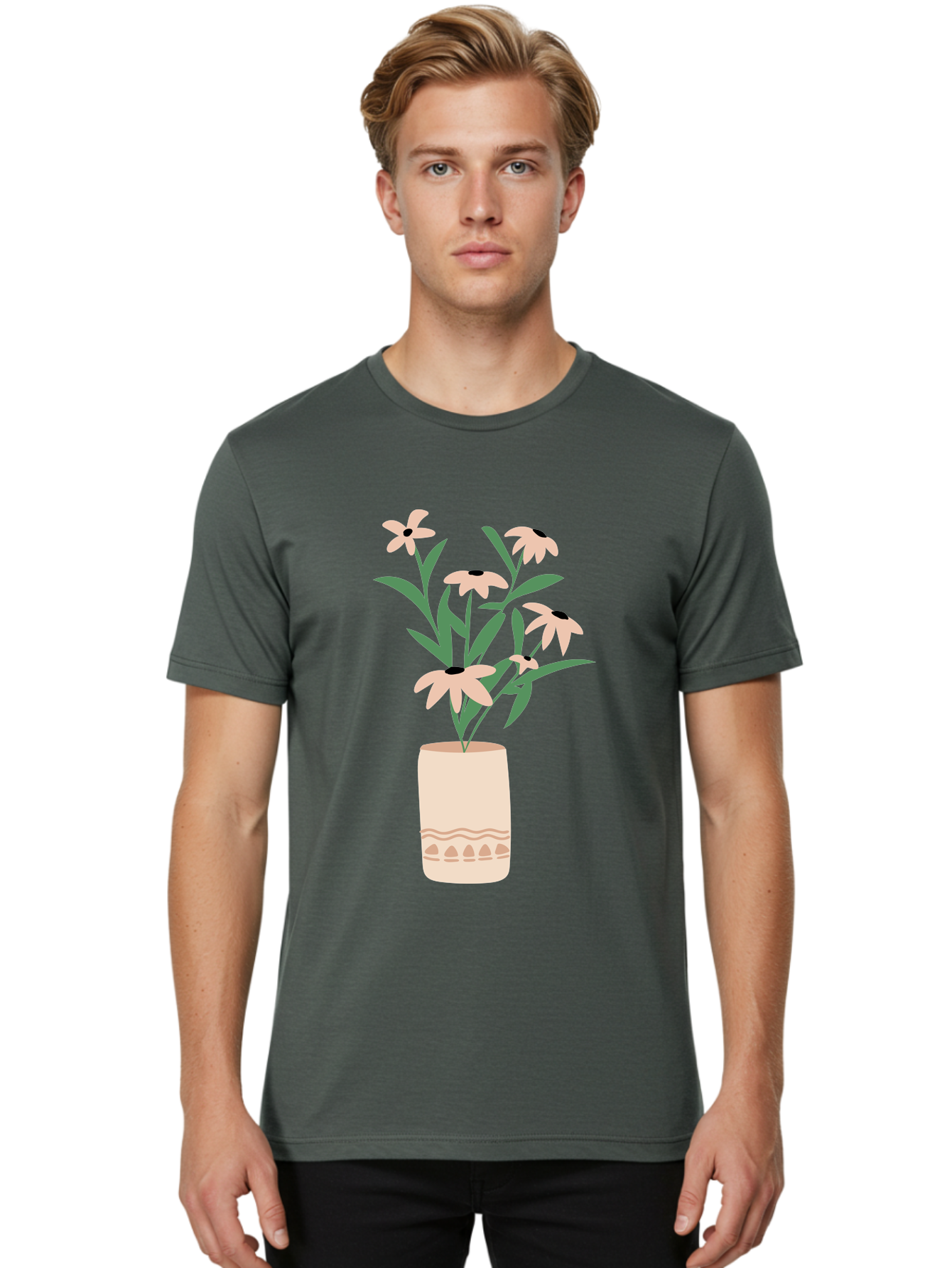 Flowers-In-Vase-1 Men'S Graphic Tee, 100% Cotton, Comfortable Casual Summer Wear, Machine Washable, Pink Flowers In Vase, Floral Arrangement, Simple Design, Minimalist Style, Elegant Decor, Home Decor, Flower Bouquet, Daisy-Like Flowers Aae020