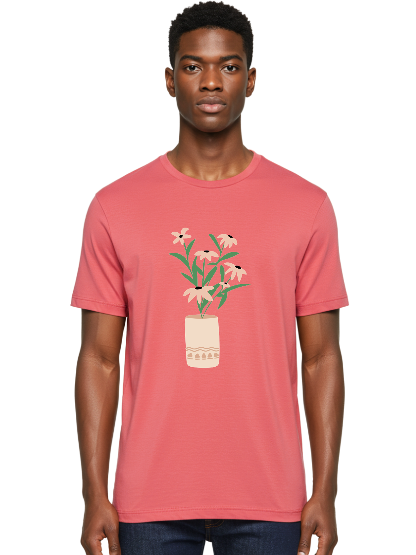 Flowers-In-Vase-1 Men'S Graphic Tee, 100% Cotton, Comfortable Casual Summer Wear, Machine Washable, Pink Flowers In Vase, Floral Arrangement, Simple Design, Minimalist Style, Elegant Decor, Home Decor, Flower Bouquet, Daisy-Like Flowers Aae020