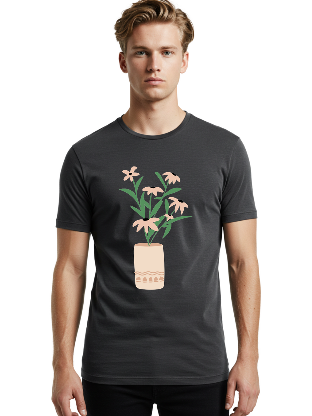 Flowers-In-Vase-1 Men'S Graphic Tee, 100% Cotton, Comfortable Casual Summer Wear, Machine Washable, Pink Flowers In Vase, Floral Arrangement, Simple Design, Minimalist Style, Elegant Decor, Home Decor, Flower Bouquet, Daisy-Like Flowers Aae020