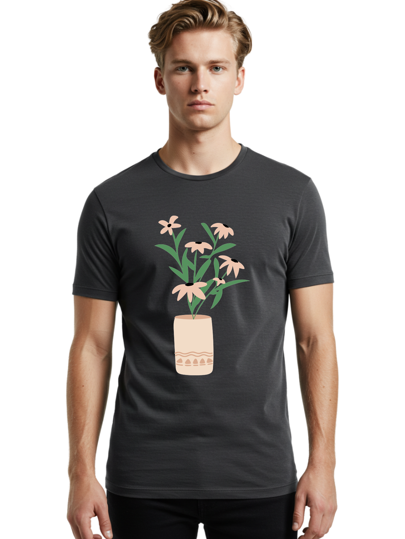 Flowers-In-Vase-1 Men'S Graphic Tee, 100% Cotton, Comfortable Casual Summer Wear, Machine Washable, Pink Flowers In Vase, Floral Arrangement, Simple Design, Minimalist Style, Elegant Decor, Home Decor, Flower Bouquet, Daisy-Like Flowers Aae020