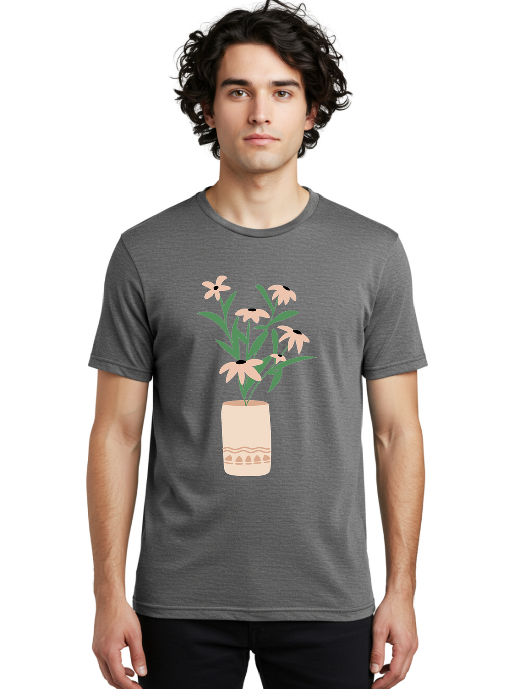 Flowers-In-Vase-1 Men'S Graphic Tee, 100% Cotton, Comfortable Casual Summer Wear, Machine Washable, Pink Flowers In Vase, Floral Arrangement, Simple Design, Minimalist Style, Elegant Decor, Home Decor, Flower Bouquet, Daisy-Like Flowers Aae020