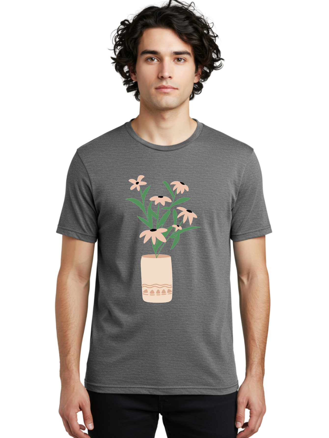 Flowers-In-Vase-1 Men'S Graphic Tee, 100% Cotton, Comfortable Casual Summer Wear, Machine Washable, Pink Flowers In Vase, Floral Arrangement, Simple Design, Minimalist Style, Elegant Decor, Home Decor, Flower Bouquet, Daisy-Like Flowers Aae020