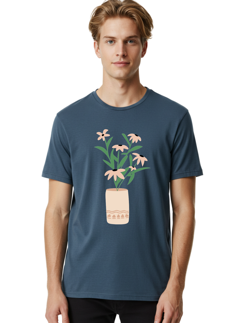 Flowers-In-Vase-1 Men'S Graphic Tee, 100% Cotton, Comfortable Casual Summer Wear, Machine Washable, Pink Flowers In Vase, Floral Arrangement, Simple Design, Minimalist Style, Elegant Decor, Home Decor, Flower Bouquet, Daisy-Like Flowers Aae020