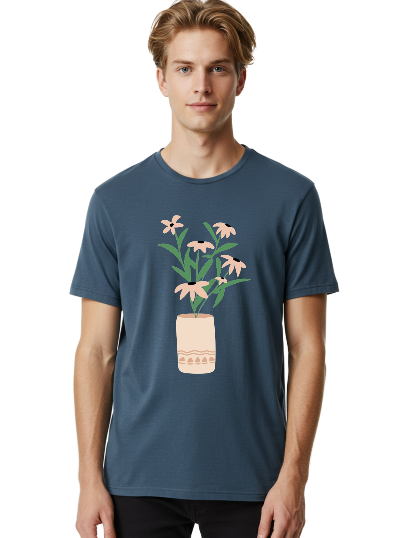 Flowers-In-Vase-1 Men'S Graphic Tee, 100% Cotton, Comfortable Casual Summer Wear, Machine Washable, Pink Flowers In Vase, Floral Arrangement, Simple Design, Minimalist Style, Elegant Decor, Home Decor, Flower Bouquet, Daisy-Like Flowers Aae020