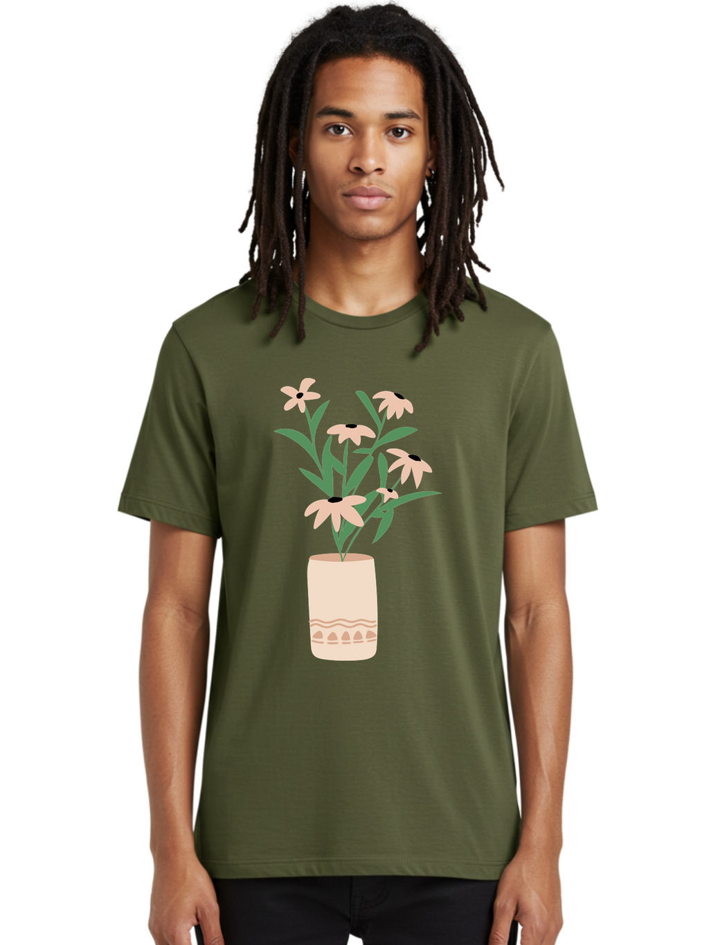 Flowers-In-Vase-1 Men'S Graphic Tee, 100% Cotton, Comfortable Casual Summer Wear, Machine Washable, Pink Flowers In Vase, Floral Arrangement, Simple Design, Minimalist Style, Elegant Decor, Home Decor, Flower Bouquet, Daisy-Like Flowers Aae020