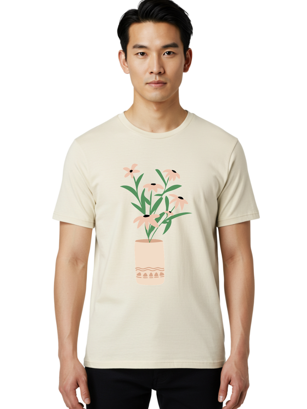 Flowers-In-Vase-1 Men'S Graphic Tee, 100% Cotton, Comfortable Casual Summer Wear, Machine Washable, Pink Flowers In Vase, Floral Arrangement, Simple Design, Minimalist Style, Elegant Decor, Home Decor, Flower Bouquet, Daisy-Like Flowers Aae020