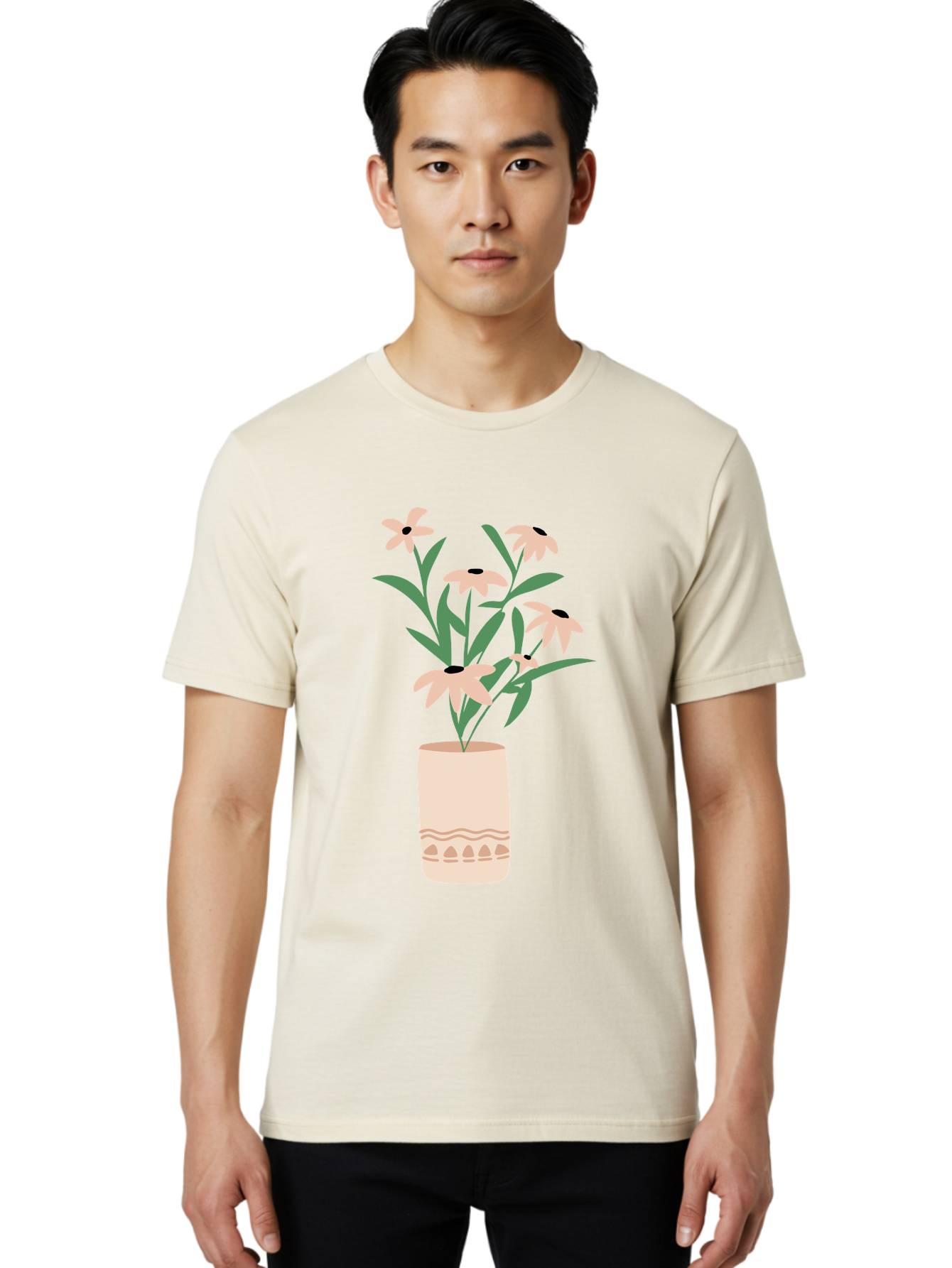 Flowers-In-Vase-1 Men'S Graphic Tee, 100% Cotton, Comfortable Casual Summer Wear, Machine Washable, Pink Flowers In Vase, Floral Arrangement, Simple Design, Minimalist Style, Elegant Decor, Home Decor, Flower Bouquet, Daisy-Like Flowers Aae020