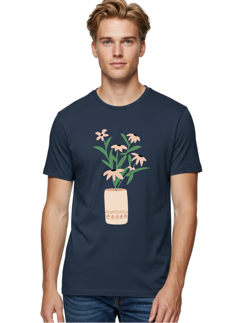 Flowers-In-Vase-1 Men'S Graphic Tee, 100% Cotton, Comfortable Casual Summer Wear, Machine Washable, Pink Flowers In Vase, Floral Arrangement, Simple Design, Minimalist Style, Elegant Decor, Home Decor, Flower Bouquet, Daisy-Like Flowers Aae020