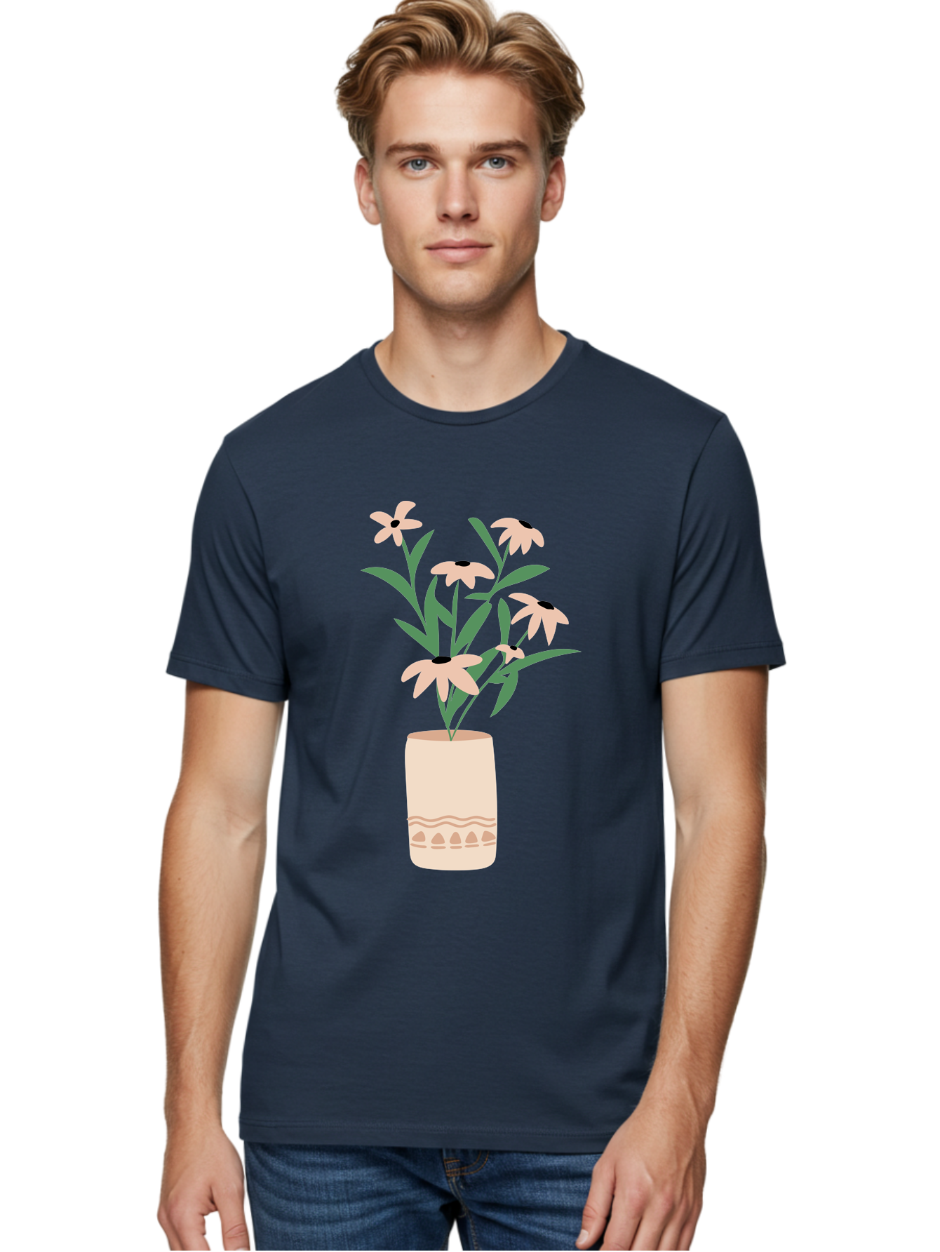 Flowers-In-Vase-1 Men'S Graphic Tee, 100% Cotton, Comfortable Casual Summer Wear, Machine Washable, Pink Flowers In Vase, Floral Arrangement, Simple Design, Minimalist Style, Elegant Decor, Home Decor, Flower Bouquet, Daisy-Like Flowers Aae020