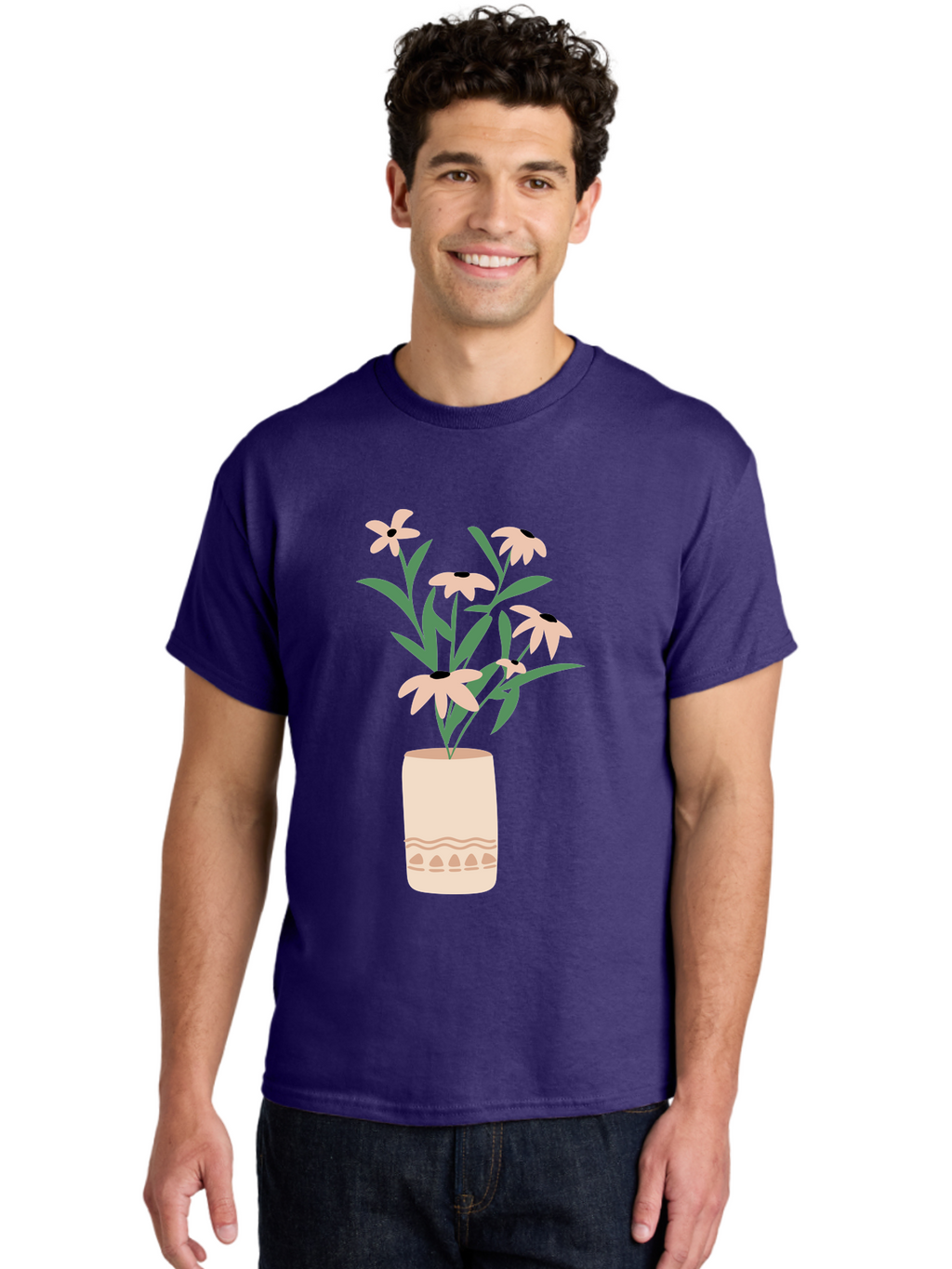Flowers-In-Vase-1 Men'S Graphic Tee, 100% Cotton, Comfortable Casual Summer Wear, Machine Washable, Pink Flowers In Vase, Floral Arrangement, Simple Design, Minimalist Style, Elegant Decor, Home Decor, Flower Bouquet, Daisy-Like Flowers Aae020