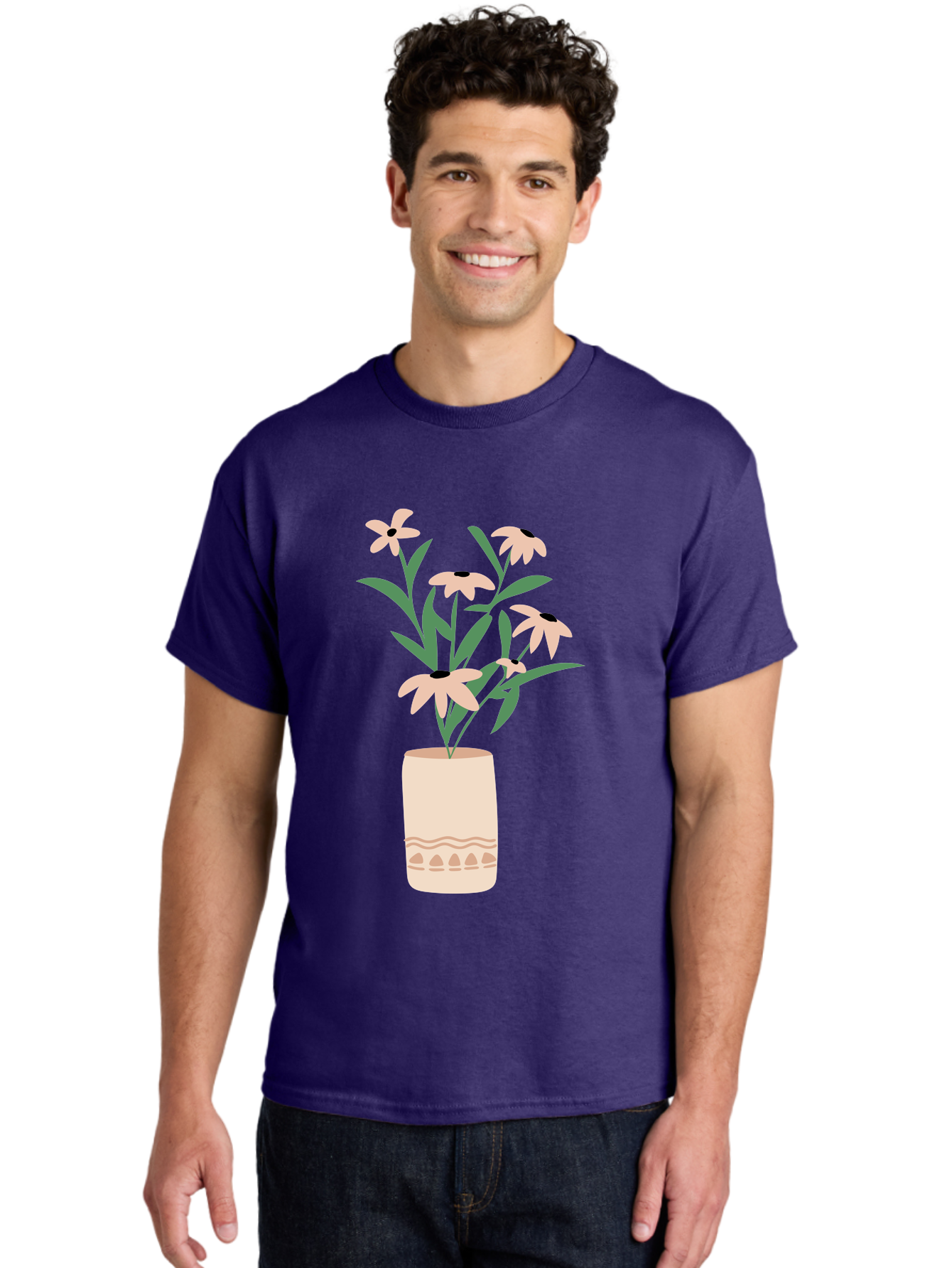 Flowers-In-Vase-1 Men'S Graphic Tee, 100% Cotton, Comfortable Casual Summer Wear, Machine Washable, Pink Flowers In Vase, Floral Arrangement, Simple Design, Minimalist Style, Elegant Decor, Home Decor, Flower Bouquet, Daisy-Like Flowers Aae020