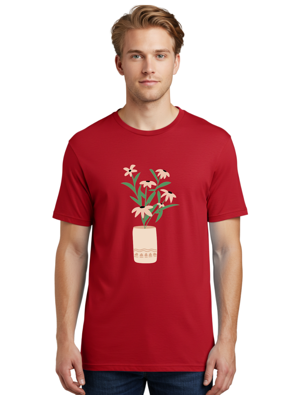 Flowers-In-Vase-1 Men'S Graphic Tee, 100% Cotton, Comfortable Casual Summer Wear, Machine Washable, Pink Flowers In Vase, Floral Arrangement, Simple Design, Minimalist Style, Elegant Decor, Home Decor, Flower Bouquet, Daisy-Like Flowers Aae020