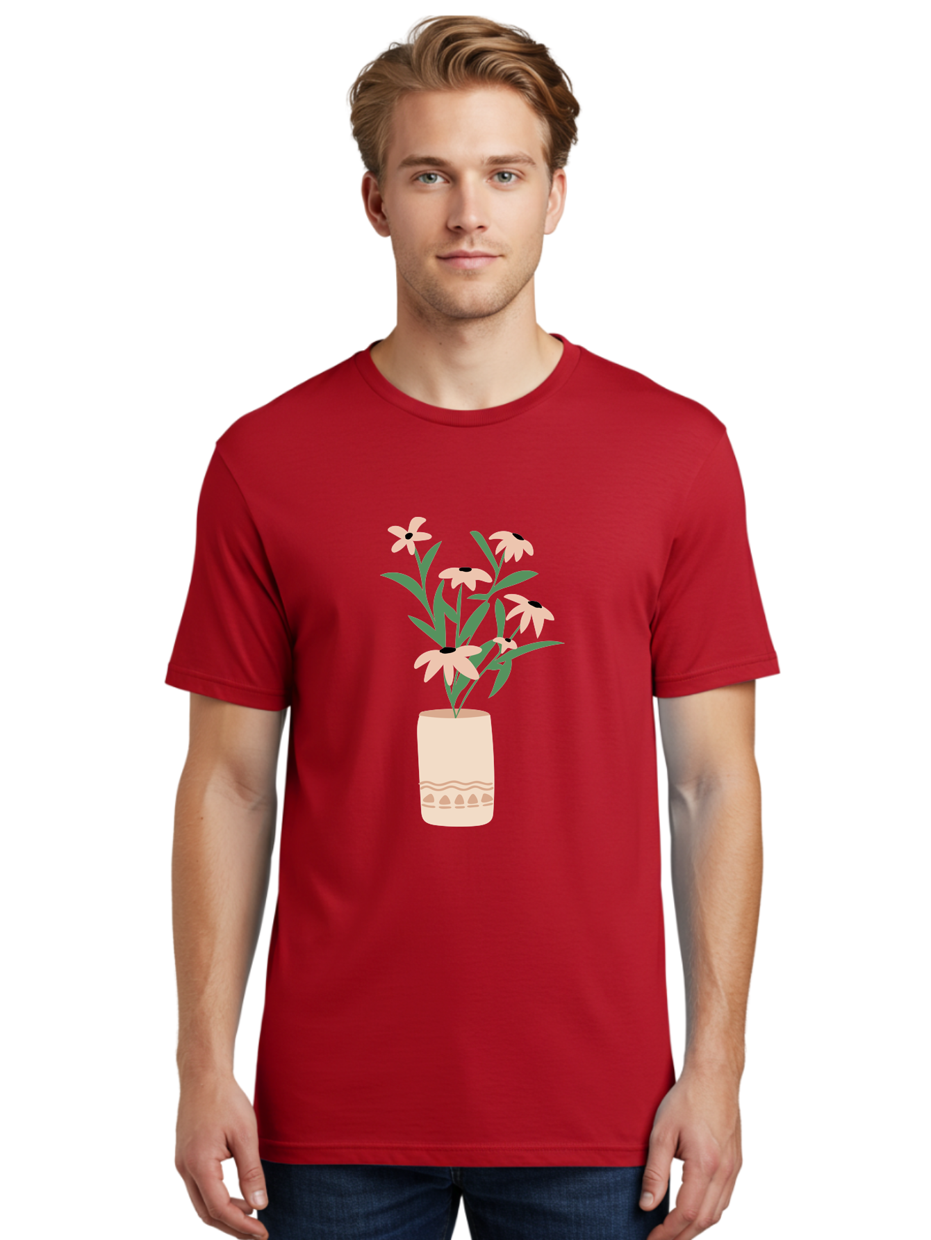 Flowers-In-Vase-1 Men'S Graphic Tee, 100% Cotton, Comfortable Casual Summer Wear, Machine Washable, Pink Flowers In Vase, Floral Arrangement, Simple Design, Minimalist Style, Elegant Decor, Home Decor, Flower Bouquet, Daisy-Like Flowers Aae020
