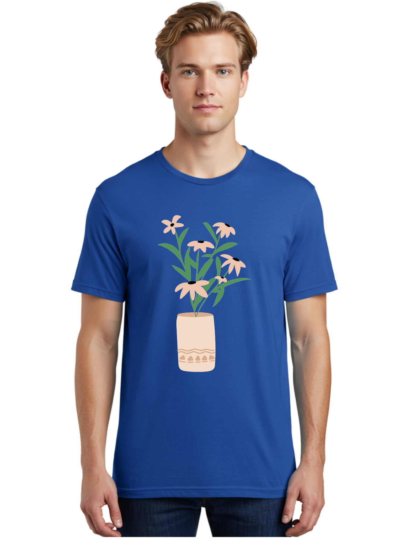 Flowers-In-Vase-1 Men'S Graphic Tee, 100% Cotton, Comfortable Casual Summer Wear, Machine Washable, Pink Flowers In Vase, Floral Arrangement, Simple Design, Minimalist Style, Elegant Decor, Home Decor, Flower Bouquet, Daisy-Like Flowers Aae020