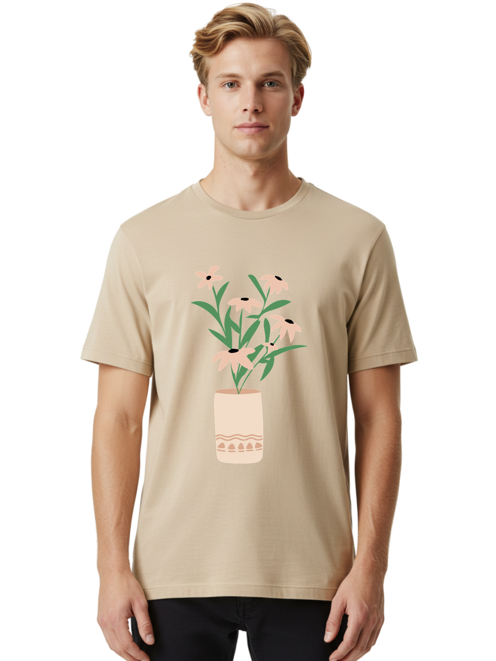 Flowers-In-Vase-1 Men'S Graphic Tee, 100% Cotton, Comfortable Casual Summer Wear, Machine Washable, Pink Flowers In Vase, Floral Arrangement, Simple Design, Minimalist Style, Elegant Decor, Home Decor, Flower Bouquet, Daisy-Like Flowers Aae020