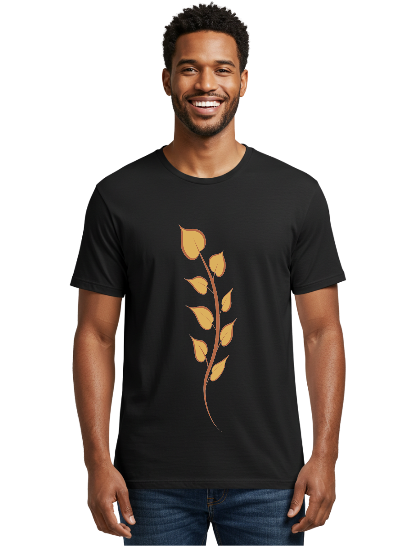 Golden-Leaves Men'S Graphic Tee, 100% Cotton, Comfortable Casual Summer Wear, Machine Washable, Golden Leaves On Stem, Autumn Foliage, Leafy Branch, Vibrant Yellow Leaves, Golden Hues, Natural Elements, Seasonal Decor Aae022