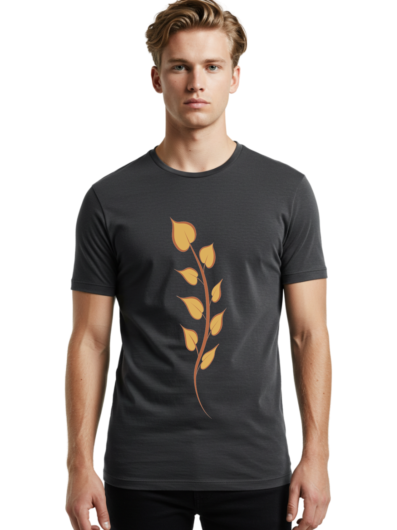 Golden-Leaves Men'S Graphic Tee, 100% Cotton, Comfortable Casual Summer Wear, Machine Washable, Golden Leaves On Stem, Autumn Foliage, Leafy Branch, Vibrant Yellow Leaves, Golden Hues, Natural Elements, Seasonal Decor Aae022