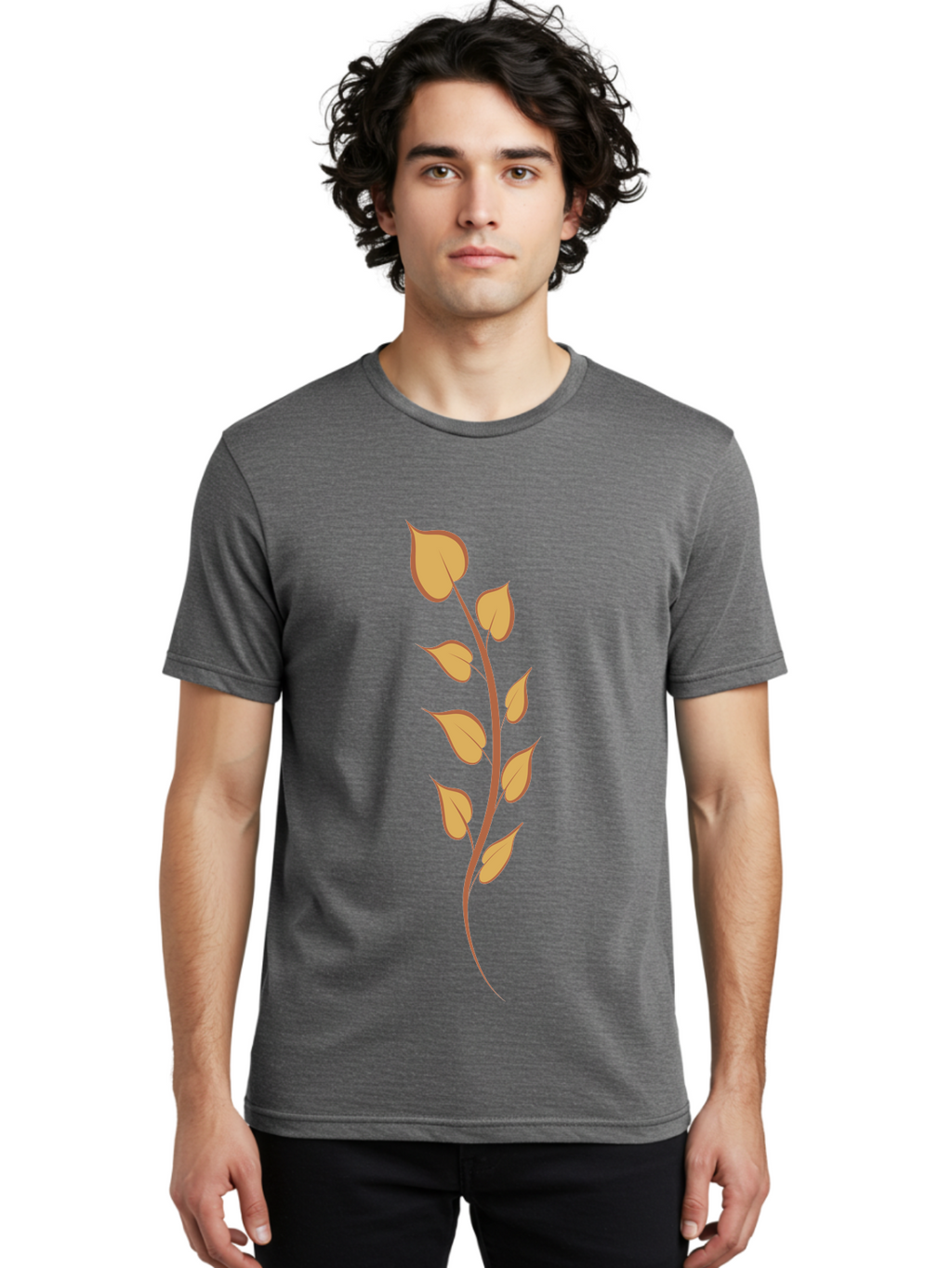 Golden-Leaves Men'S Graphic Tee, 100% Cotton, Comfortable Casual Summer Wear, Machine Washable, Golden Leaves On Stem, Autumn Foliage, Leafy Branch, Vibrant Yellow Leaves, Golden Hues, Natural Elements, Seasonal Decor Aae022
