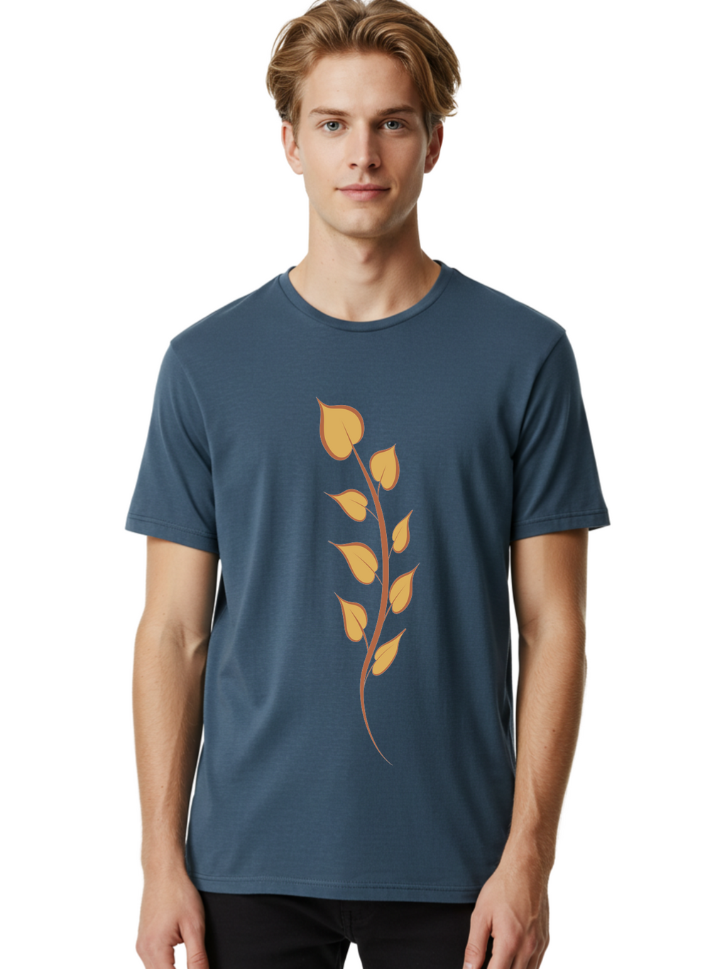 Golden-Leaves Men'S Graphic Tee, 100% Cotton, Comfortable Casual Summer Wear, Machine Washable, Golden Leaves On Stem, Autumn Foliage, Leafy Branch, Vibrant Yellow Leaves, Golden Hues, Natural Elements, Seasonal Decor Aae022