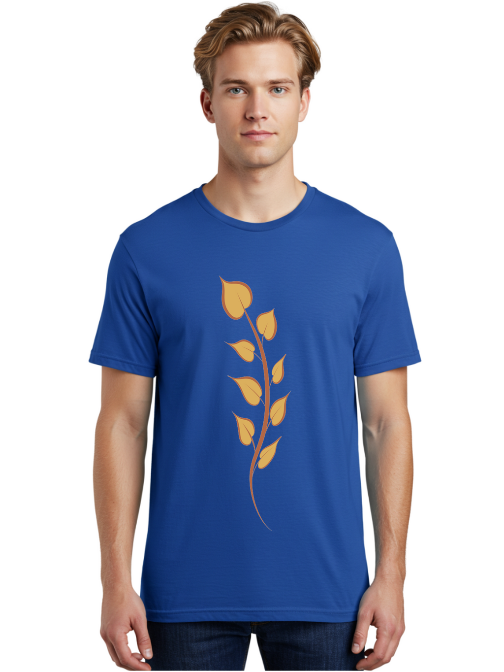 Golden-Leaves Men'S Graphic Tee, 100% Cotton, Comfortable Casual Summer Wear, Machine Washable, Golden Leaves On Stem, Autumn Foliage, Leafy Branch, Vibrant Yellow Leaves, Golden Hues, Natural Elements, Seasonal Decor Aae022