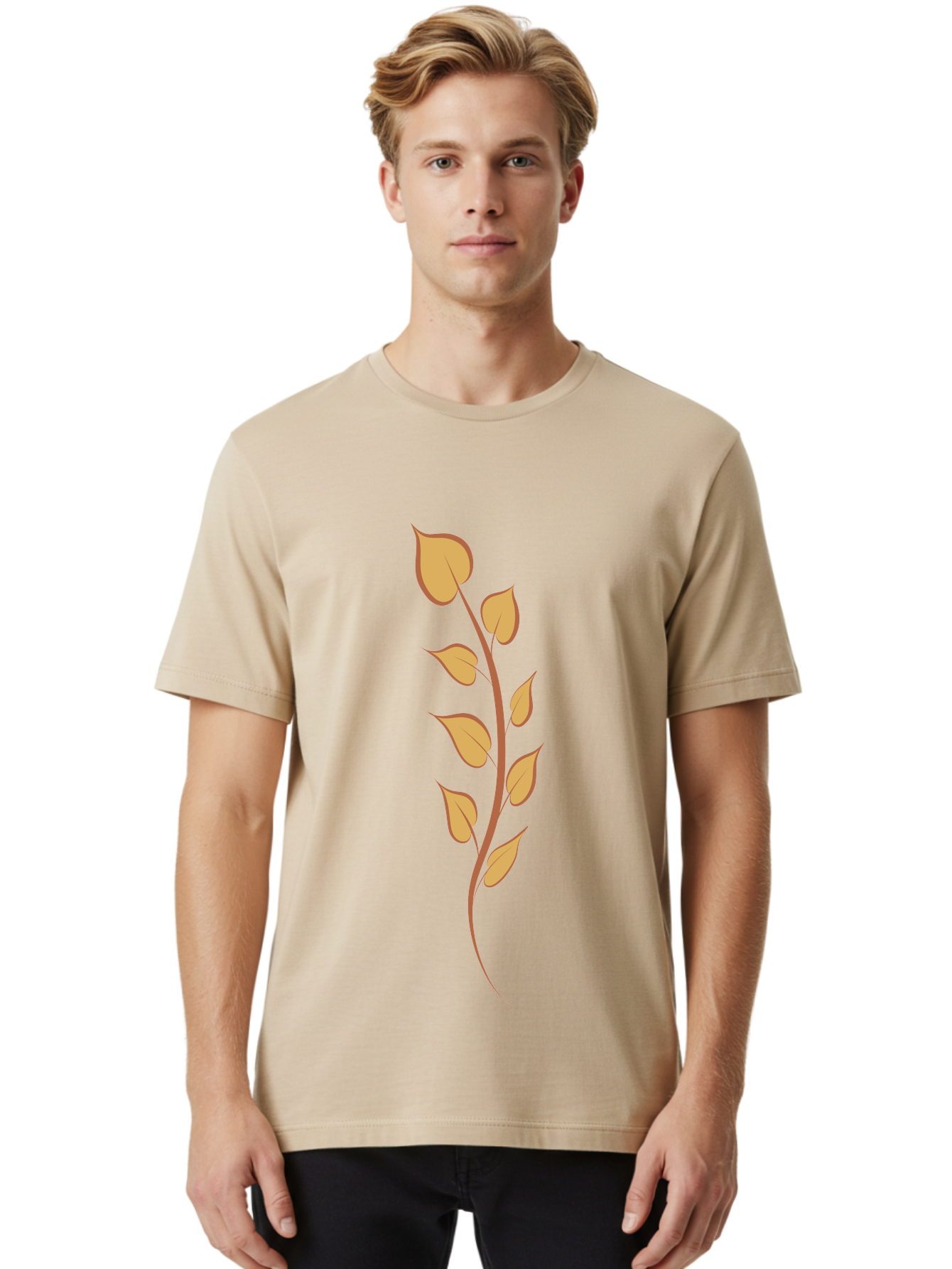 Golden-Leaves Men'S Graphic Tee, 100% Cotton, Comfortable Casual Summer Wear, Machine Washable, Golden Leaves On Stem, Autumn Foliage, Leafy Branch, Vibrant Yellow Leaves, Golden Hues, Natural Elements, Seasonal Decor Aae022