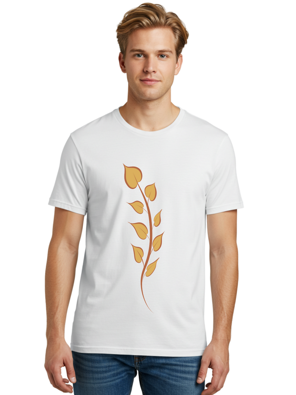 Golden-Leaves Men'S Graphic Tee, 100% Cotton, Comfortable Casual Summer Wear, Machine Washable, Golden Leaves On Stem, Autumn Foliage, Leafy Branch, Vibrant Yellow Leaves, Golden Hues, Natural Elements, Seasonal Decor Aae022