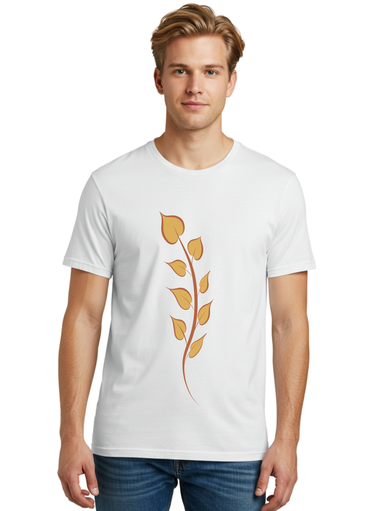 Golden-Leaves Men'S Graphic Tee, 100% Cotton, Comfortable Casual Summer Wear, Machine Washable, Golden Leaves On Stem, Autumn Foliage, Leafy Branch, Vibrant Yellow Leaves, Golden Hues, Natural Elements, Seasonal Decor Aae022