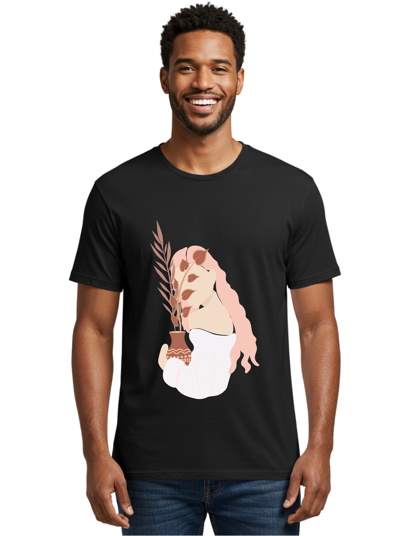 Lady-With-Pot Men'S Graphic Tee, 100% Cotton, Comfortable Casual Summer Wear, Machine Washable, Woman Holding A Plant, Brown Leaves, Decorative Vase, Wavy Hair, Elegant Pose, Minimalist Art, Simple Shapes, Soft Colors, Peaceful Ambiance, Aae026