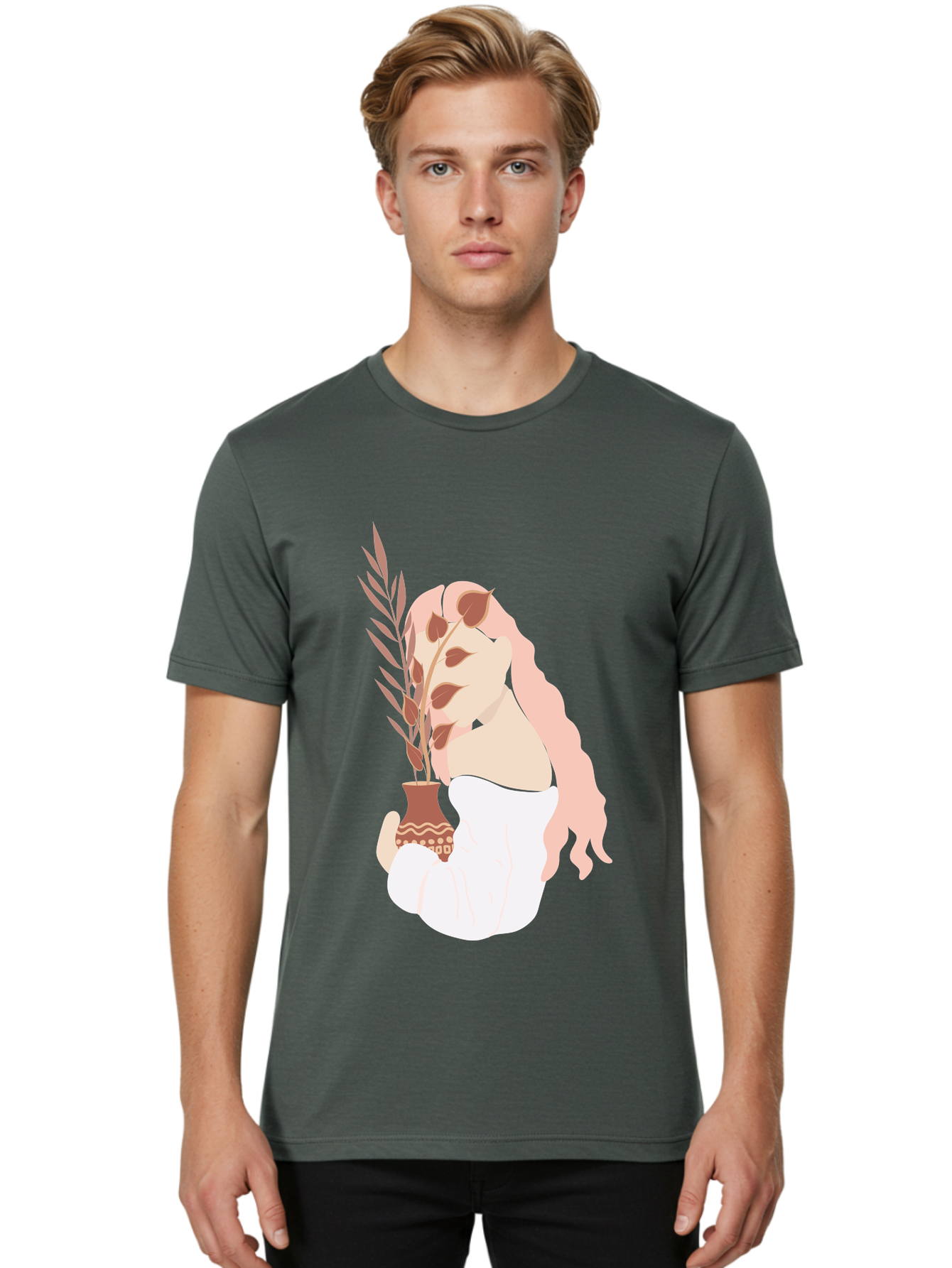 Lady-With-Pot Men'S Graphic Tee, 100% Cotton, Comfortable Casual Summer Wear, Machine Washable, Woman Holding A Plant, Brown Leaves, Decorative Vase, Wavy Hair, Elegant Pose, Minimalist Art, Simple Shapes, Soft Colors, Peaceful Ambiance, Aae026
