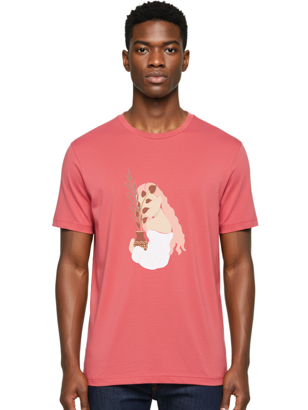 Lady-With-Pot Men'S Graphic Tee, 100% Cotton, Comfortable Casual Summer Wear, Machine Washable, Woman Holding A Plant, Brown Leaves, Decorative Vase, Wavy Hair, Elegant Pose, Minimalist Art, Simple Shapes, Soft Colors, Peaceful Ambiance, Aae026