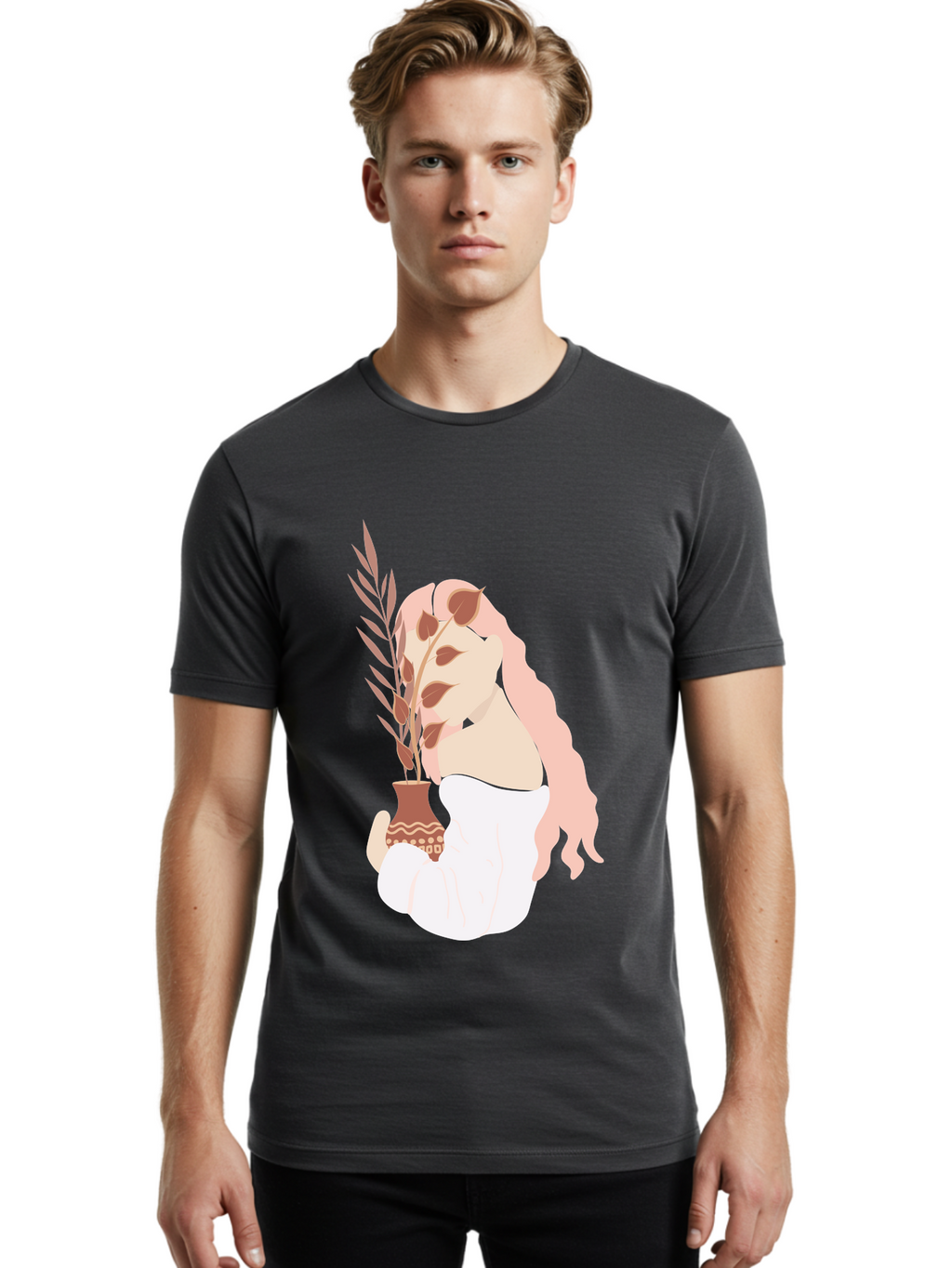 Lady-With-Pot Men'S Graphic Tee, 100% Cotton, Comfortable Casual Summer Wear, Machine Washable, Woman Holding A Plant, Brown Leaves, Decorative Vase, Wavy Hair, Elegant Pose, Minimalist Art, Simple Shapes, Soft Colors, Peaceful Ambiance, Aae026
