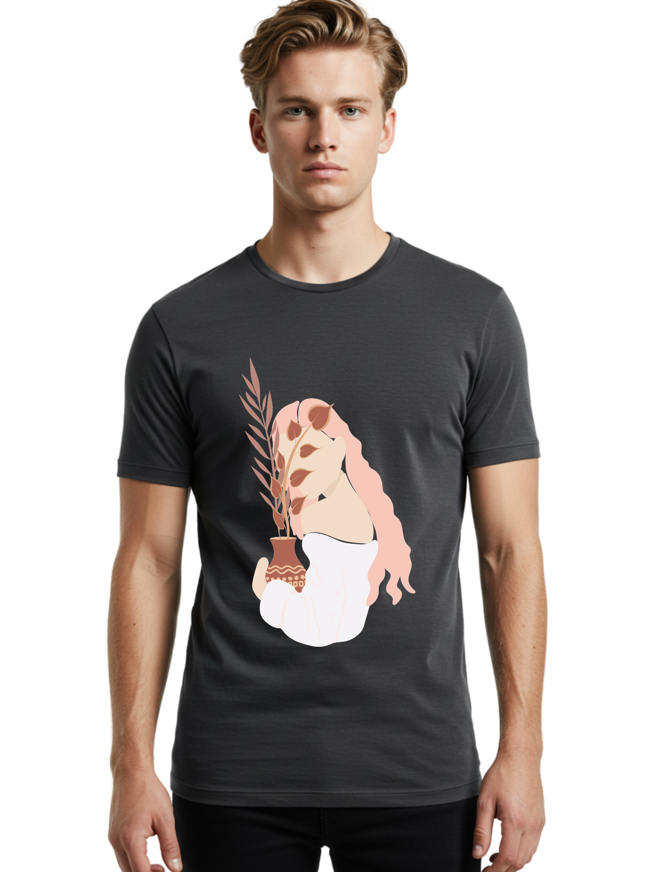 Lady-With-Pot Men'S Graphic Tee, 100% Cotton, Comfortable Casual Summer Wear, Machine Washable, Woman Holding A Plant, Brown Leaves, Decorative Vase, Wavy Hair, Elegant Pose, Minimalist Art, Simple Shapes, Soft Colors, Peaceful Ambiance, Aae026