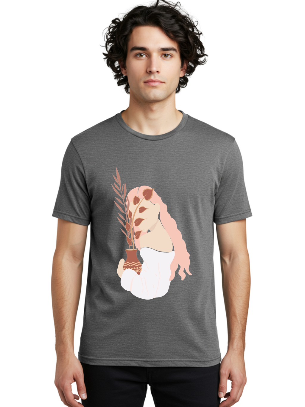 Lady-With-Pot Men'S Graphic Tee, 100% Cotton, Comfortable Casual Summer Wear, Machine Washable, Woman Holding A Plant, Brown Leaves, Decorative Vase, Wavy Hair, Elegant Pose, Minimalist Art, Simple Shapes, Soft Colors, Peaceful Ambiance, Aae026