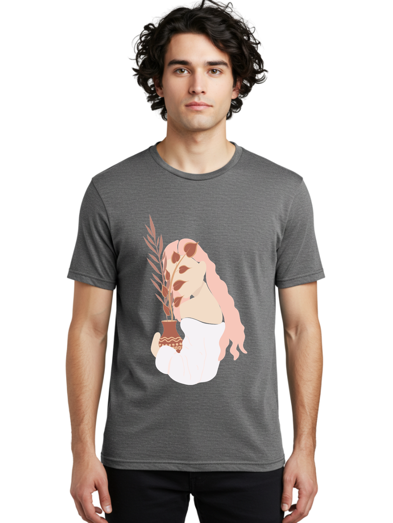 Lady-With-Pot Men'S Graphic Tee, 100% Cotton, Comfortable Casual Summer Wear, Machine Washable, Woman Holding A Plant, Brown Leaves, Decorative Vase, Wavy Hair, Elegant Pose, Minimalist Art, Simple Shapes, Soft Colors, Peaceful Ambiance, Aae026