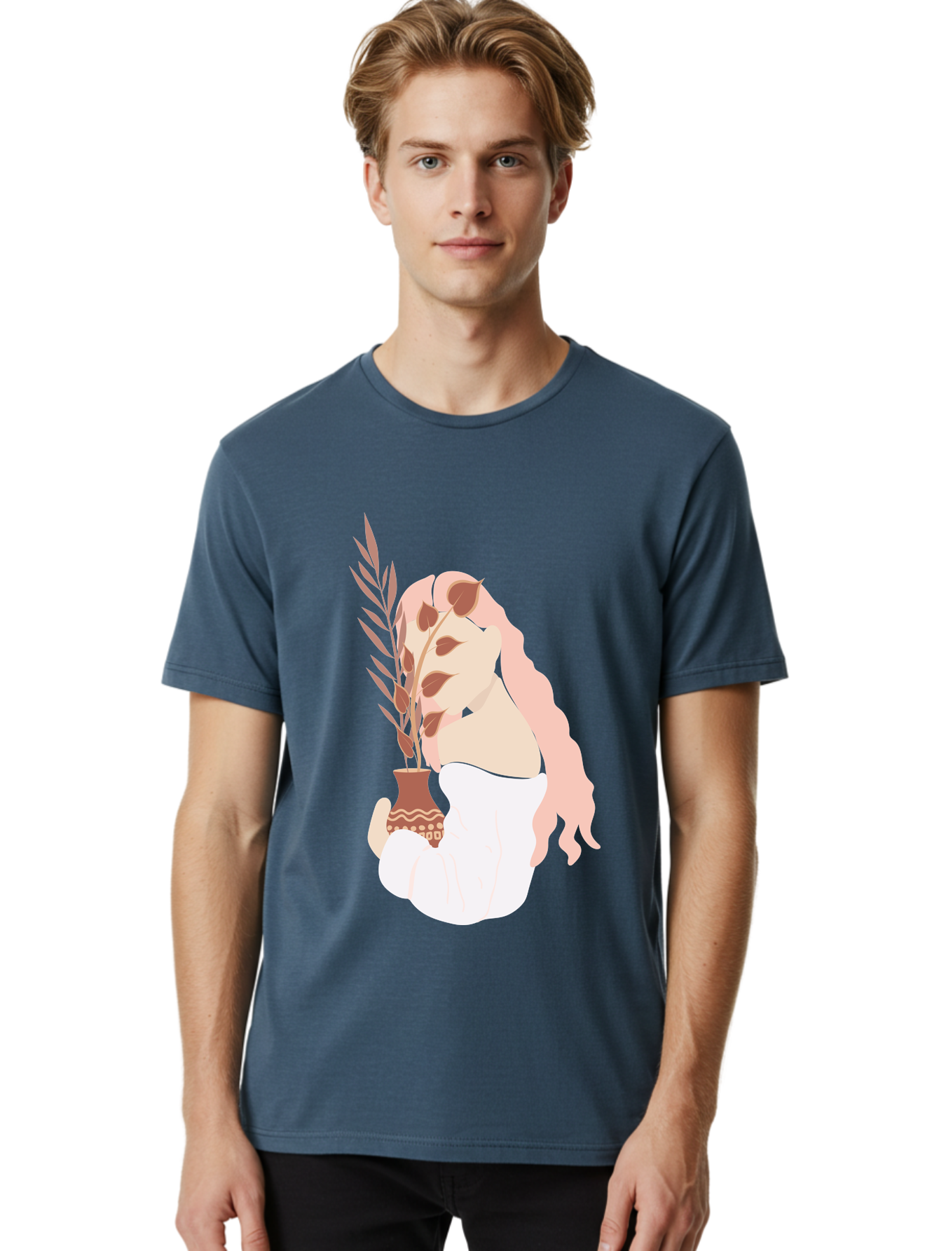 Lady-With-Pot Men'S Graphic Tee, 100% Cotton, Comfortable Casual Summer Wear, Machine Washable, Woman Holding A Plant, Brown Leaves, Decorative Vase, Wavy Hair, Elegant Pose, Minimalist Art, Simple Shapes, Soft Colors, Peaceful Ambiance, Aae026