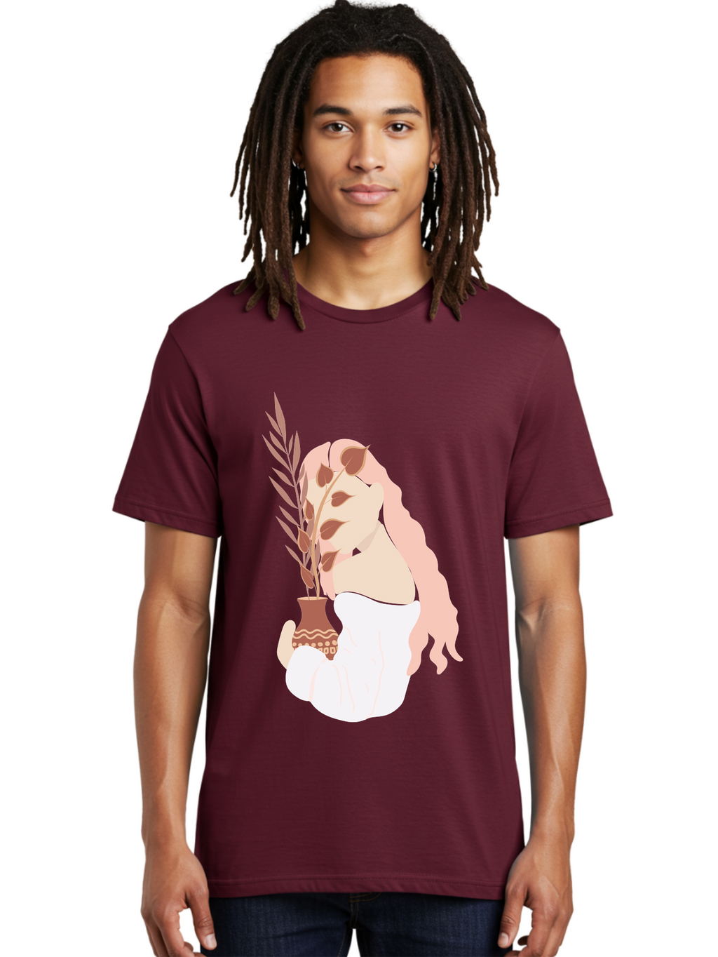 Lady-With-Pot Men'S Graphic Tee, 100% Cotton, Comfortable Casual Summer Wear, Machine Washable, Woman Holding A Plant, Brown Leaves, Decorative Vase, Wavy Hair, Elegant Pose, Minimalist Art, Simple Shapes, Soft Colors, Peaceful Ambiance, Aae026