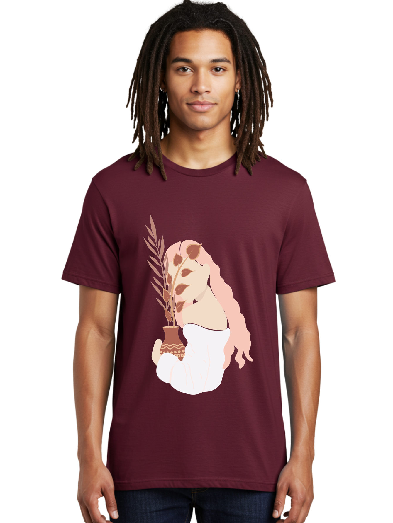 Lady-With-Pot Men'S Graphic Tee, 100% Cotton, Comfortable Casual Summer Wear, Machine Washable, Woman Holding A Plant, Brown Leaves, Decorative Vase, Wavy Hair, Elegant Pose, Minimalist Art, Simple Shapes, Soft Colors, Peaceful Ambiance, Aae026