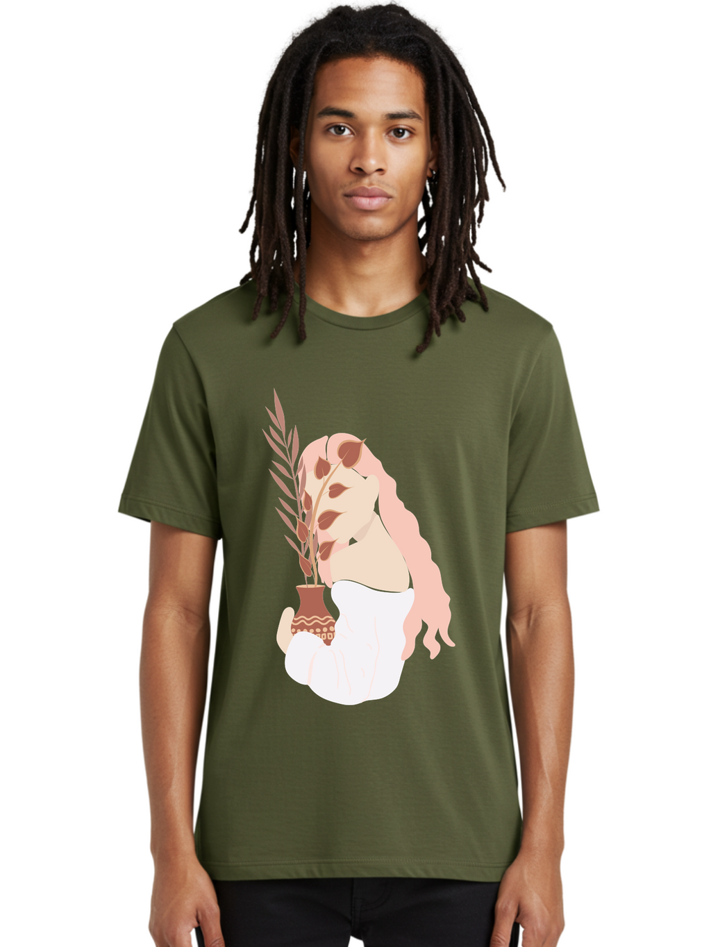 Lady-With-Pot Men'S Graphic Tee, 100% Cotton, Comfortable Casual Summer Wear, Machine Washable, Woman Holding A Plant, Brown Leaves, Decorative Vase, Wavy Hair, Elegant Pose, Minimalist Art, Simple Shapes, Soft Colors, Peaceful Ambiance, Aae026