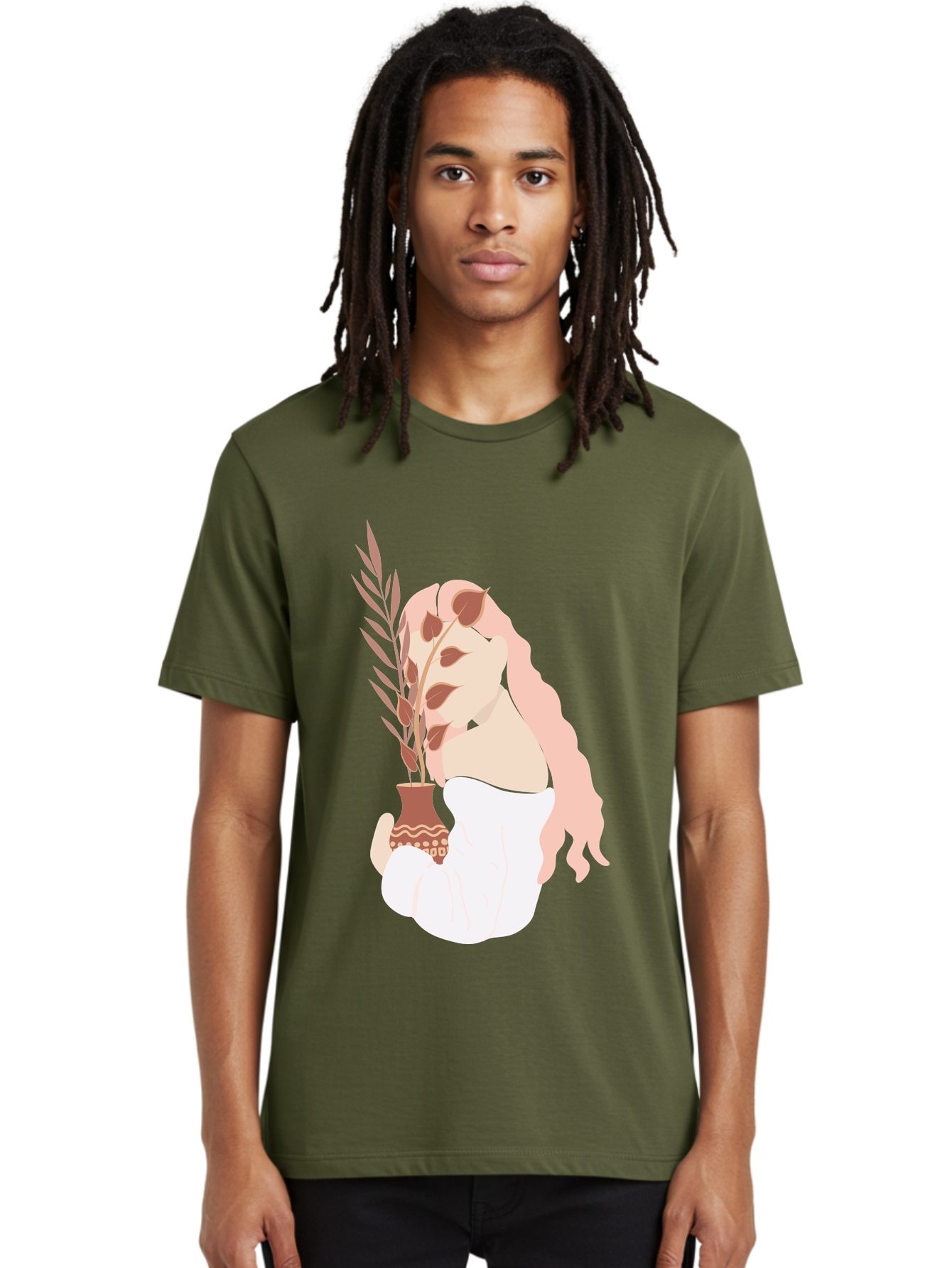 Lady-With-Pot Men'S Graphic Tee, 100% Cotton, Comfortable Casual Summer Wear, Machine Washable, Woman Holding A Plant, Brown Leaves, Decorative Vase, Wavy Hair, Elegant Pose, Minimalist Art, Simple Shapes, Soft Colors, Peaceful Ambiance, Aae026