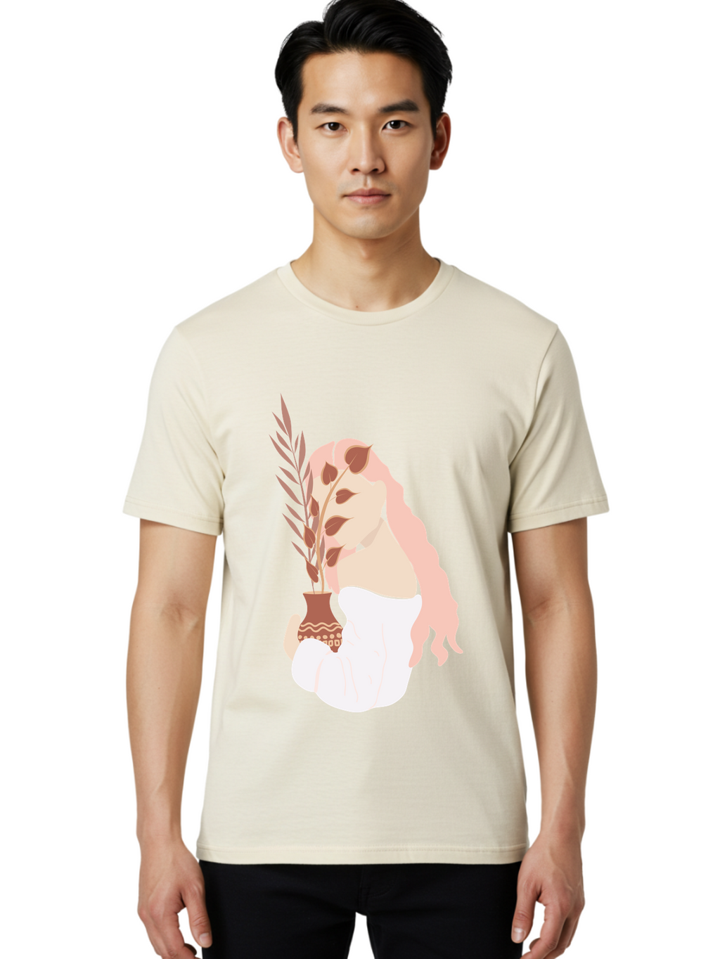 Lady-With-Pot Men'S Graphic Tee, 100% Cotton, Comfortable Casual Summer Wear, Machine Washable, Woman Holding A Plant, Brown Leaves, Decorative Vase, Wavy Hair, Elegant Pose, Minimalist Art, Simple Shapes, Soft Colors, Peaceful Ambiance, Aae026