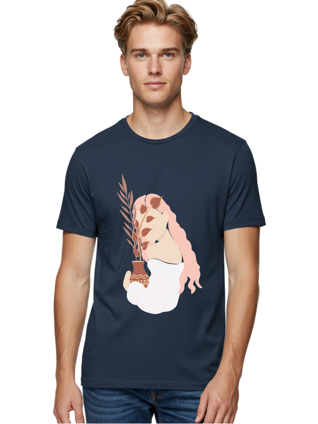 Lady-With-Pot Men'S Graphic Tee, 100% Cotton, Comfortable Casual Summer Wear, Machine Washable, Woman Holding A Plant, Brown Leaves, Decorative Vase, Wavy Hair, Elegant Pose, Minimalist Art, Simple Shapes, Soft Colors, Peaceful Ambiance, Aae026