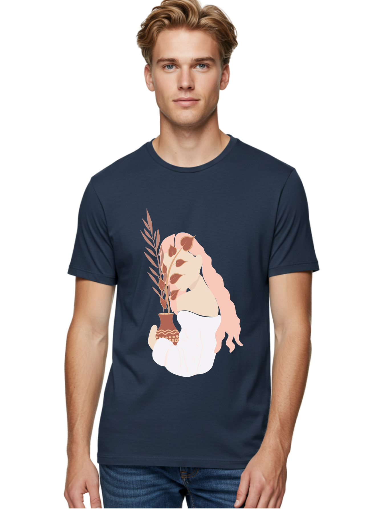 Lady-With-Pot Men'S Graphic Tee, 100% Cotton, Comfortable Casual Summer Wear, Machine Washable, Woman Holding A Plant, Brown Leaves, Decorative Vase, Wavy Hair, Elegant Pose, Minimalist Art, Simple Shapes, Soft Colors, Peaceful Ambiance, Aae026