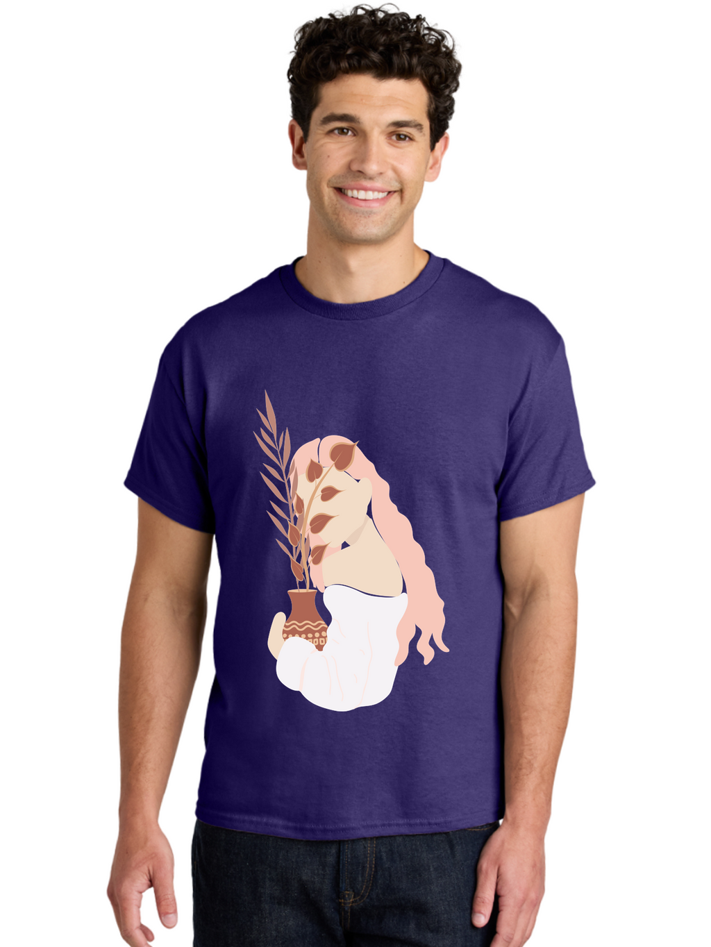 Lady-With-Pot Men'S Graphic Tee, 100% Cotton, Comfortable Casual Summer Wear, Machine Washable, Woman Holding A Plant, Brown Leaves, Decorative Vase, Wavy Hair, Elegant Pose, Minimalist Art, Simple Shapes, Soft Colors, Peaceful Ambiance, Aae026