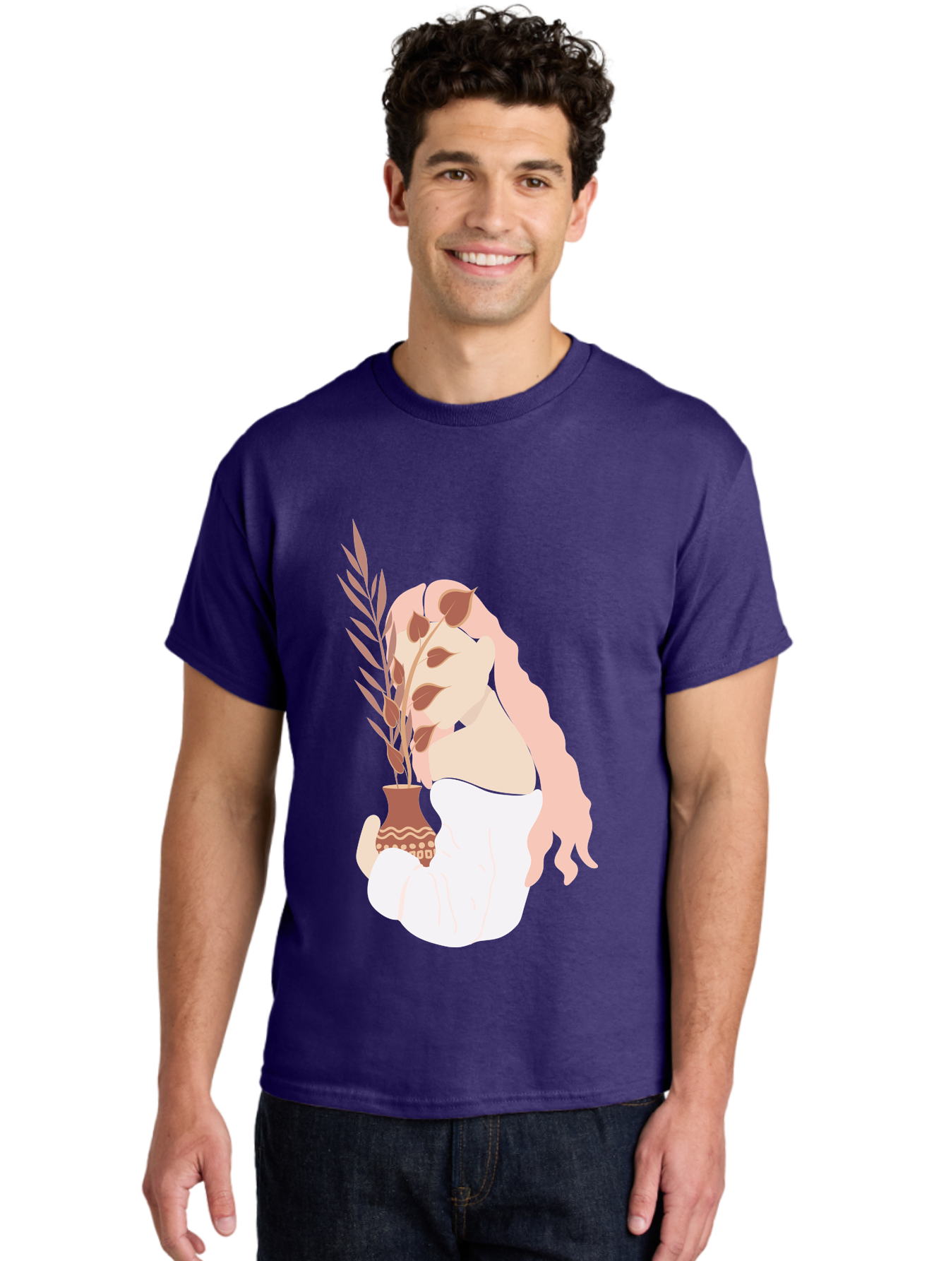 Lady-With-Pot Men'S Graphic Tee, 100% Cotton, Comfortable Casual Summer Wear, Machine Washable, Woman Holding A Plant, Brown Leaves, Decorative Vase, Wavy Hair, Elegant Pose, Minimalist Art, Simple Shapes, Soft Colors, Peaceful Ambiance, Aae026
