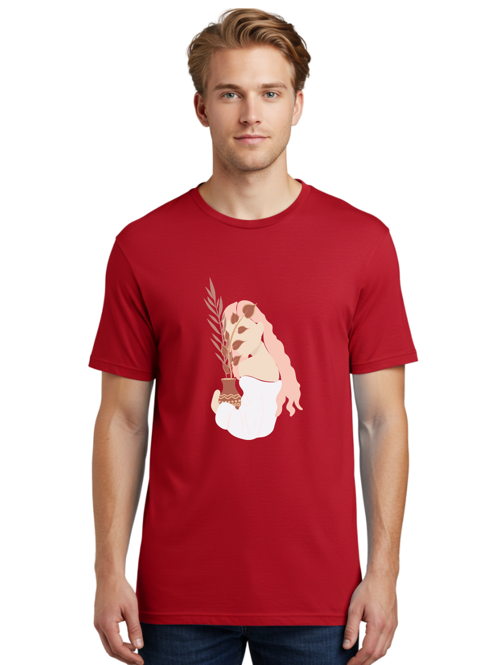 Lady-With-Pot Men'S Graphic Tee, 100% Cotton, Comfortable Casual Summer Wear, Machine Washable, Woman Holding A Plant, Brown Leaves, Decorative Vase, Wavy Hair, Elegant Pose, Minimalist Art, Simple Shapes, Soft Colors, Peaceful Ambiance, Aae026