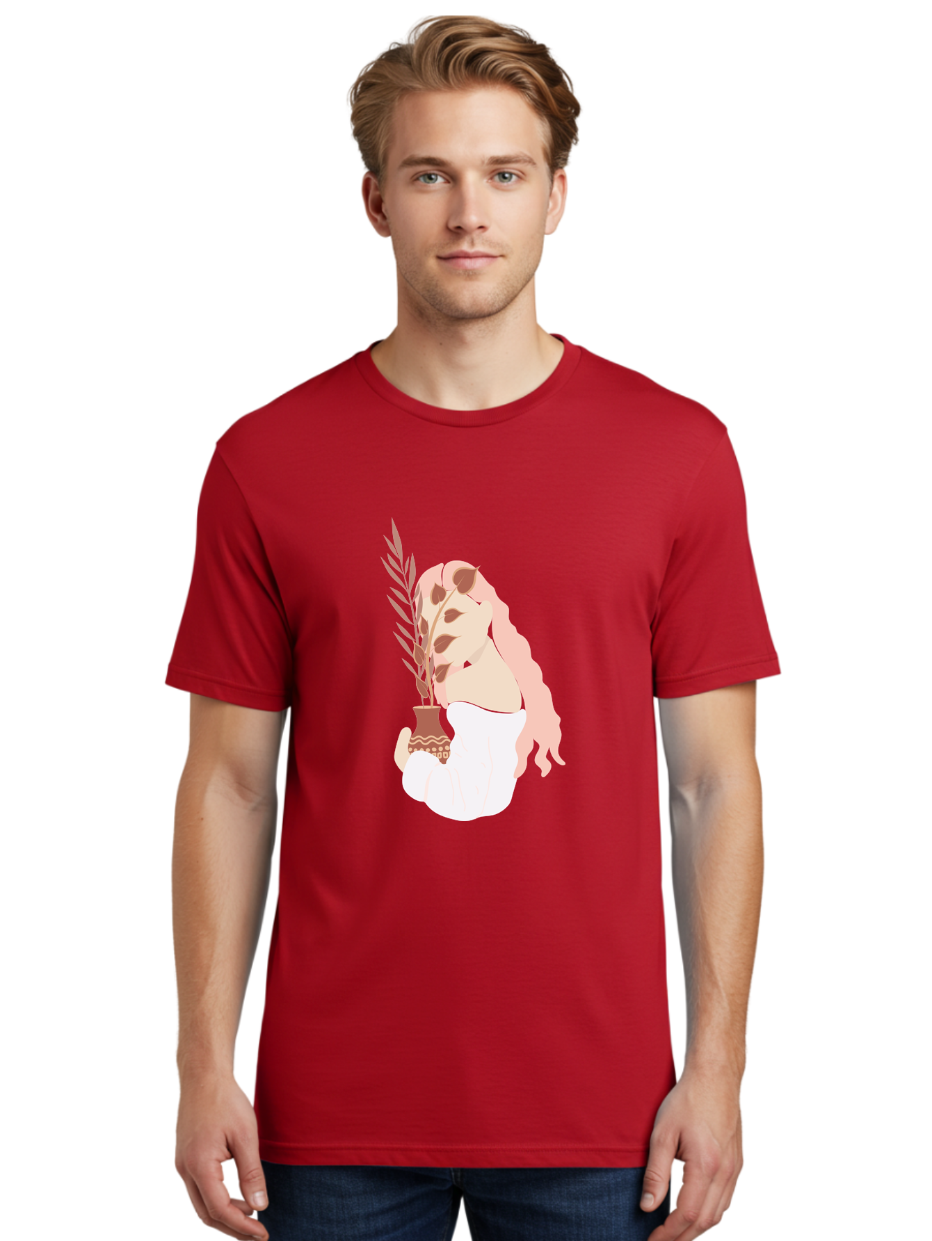Lady-With-Pot Men'S Graphic Tee, 100% Cotton, Comfortable Casual Summer Wear, Machine Washable, Woman Holding A Plant, Brown Leaves, Decorative Vase, Wavy Hair, Elegant Pose, Minimalist Art, Simple Shapes, Soft Colors, Peaceful Ambiance, Aae026