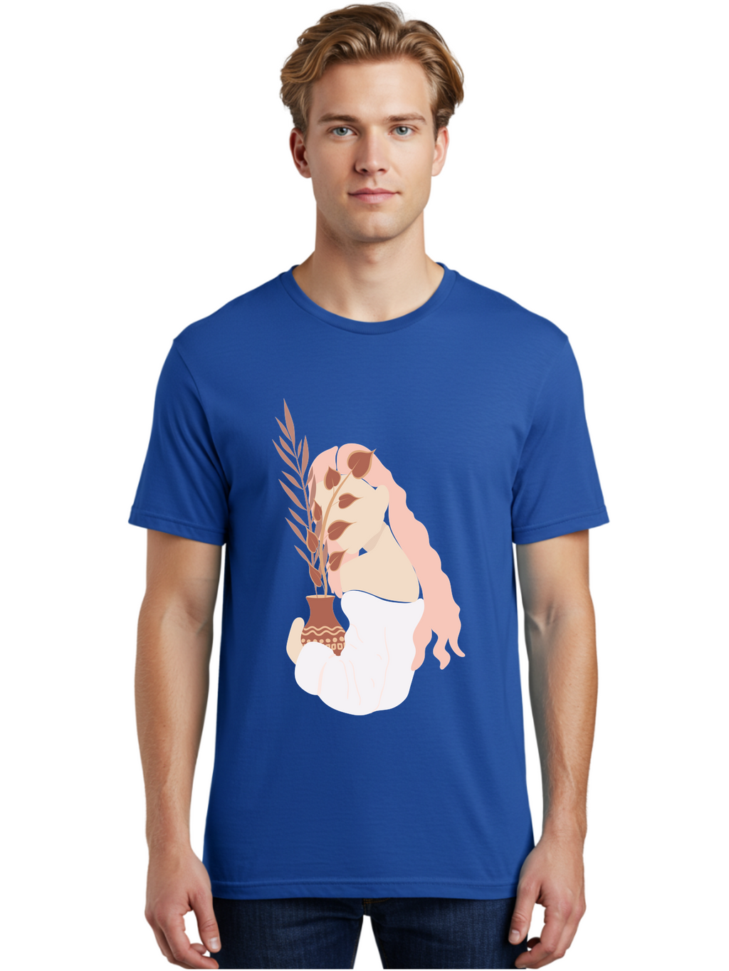 Lady-With-Pot Men'S Graphic Tee, 100% Cotton, Comfortable Casual Summer Wear, Machine Washable, Woman Holding A Plant, Brown Leaves, Decorative Vase, Wavy Hair, Elegant Pose, Minimalist Art, Simple Shapes, Soft Colors, Peaceful Ambiance, Aae026