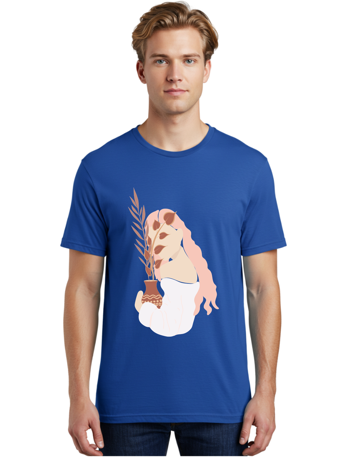 Lady-With-Pot Men'S Graphic Tee, 100% Cotton, Comfortable Casual Summer Wear, Machine Washable, Woman Holding A Plant, Brown Leaves, Decorative Vase, Wavy Hair, Elegant Pose, Minimalist Art, Simple Shapes, Soft Colors, Peaceful Ambiance, Aae026